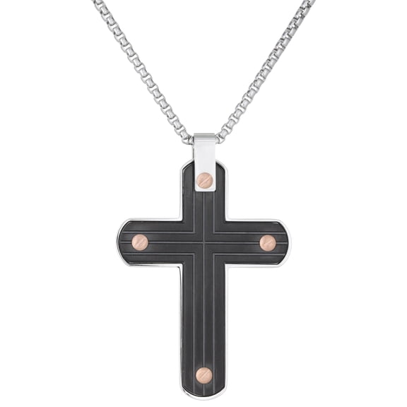BlackIon Plated Stainless Steel Cross Pendant  with Rose Ion Screws - 24 Inch Round Box Chain
