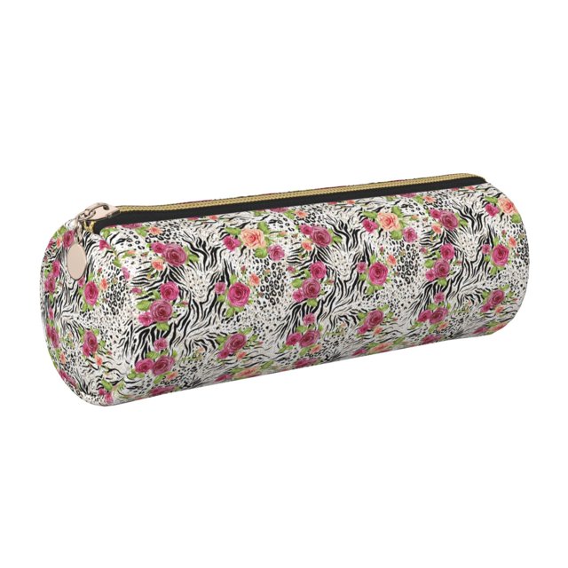 Disketp Roses Mixed Zebra Estuche Organizador de Lápices de Cuero, Estuche de Oficina con Cremallera para Bolígrafo y Lápiz