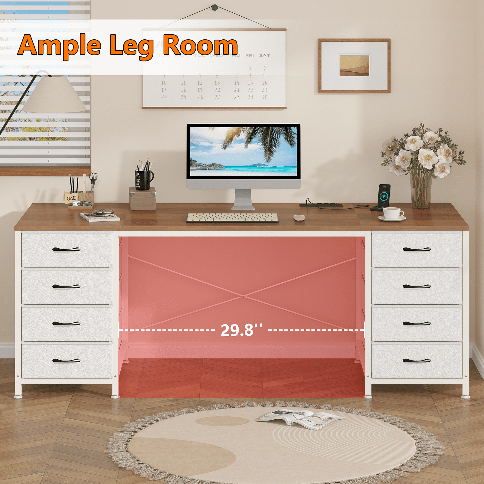 60 Inch Computer Desk with 8 Drawers, Home Office Desk with Power Outlets, Work Study Gaming Desk with 8 Fabric Drawers, Brown and White