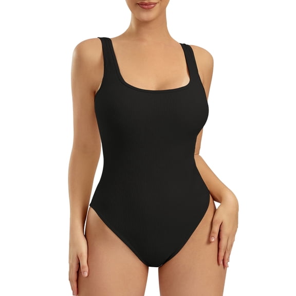 Athlemo Women's Sleeveless Bodysuit Square Neck Ribbed Slimming Tank Top Thong Bodysuit