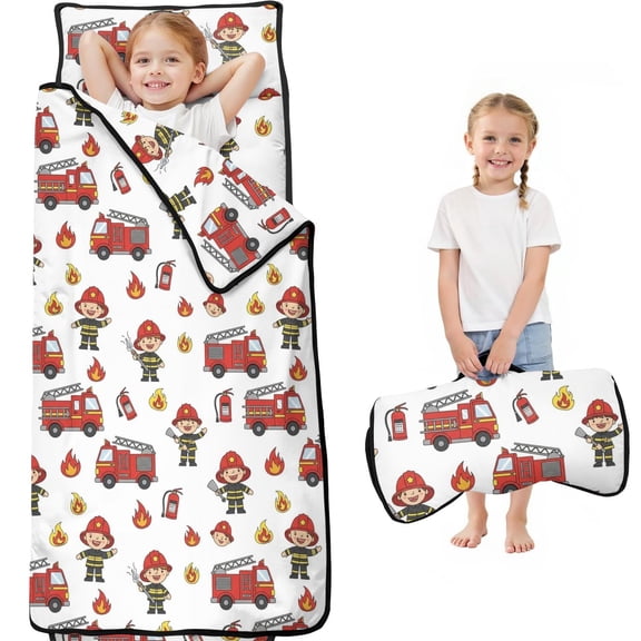 Fireman and Flame White Pattern Teens Toddler Nap Mat with Pillow, Sleeping Mat Bag for Preschool Daycare 59"x22"
