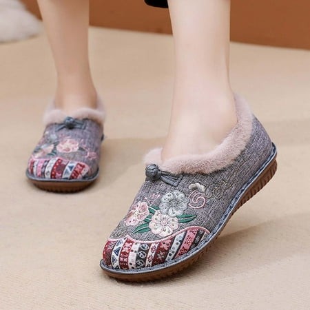 

WQJNWEQ Women s Flats Shoes Leisure Embroidered Ethnic Style and Fleece Thickened Warm Soft Sole Non-slip Casual Mother Cotton Shoes Comfort