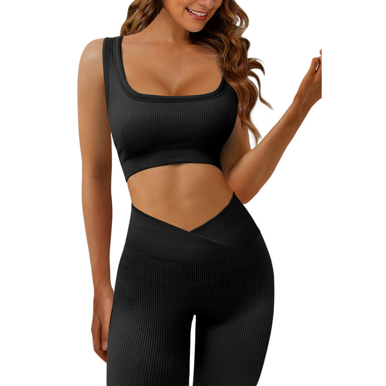 ONLYSHE Womens High Waist Running Workout Sets Yoga Leggings With Crop Tank  Tops Athletic Outfits 2 piece Sprot Sets 