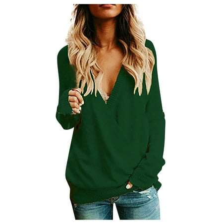 

Women Top Women s Long Sleeve Tee Shirt Tunic Tops Tops Under 10 Women s Knitted Deep V-Neck Wrap Front Loose Sweater Pullover Jumper Scrub Tops Cotton Henley Ribbed Casual Yellow (XL Green) TBKOMH