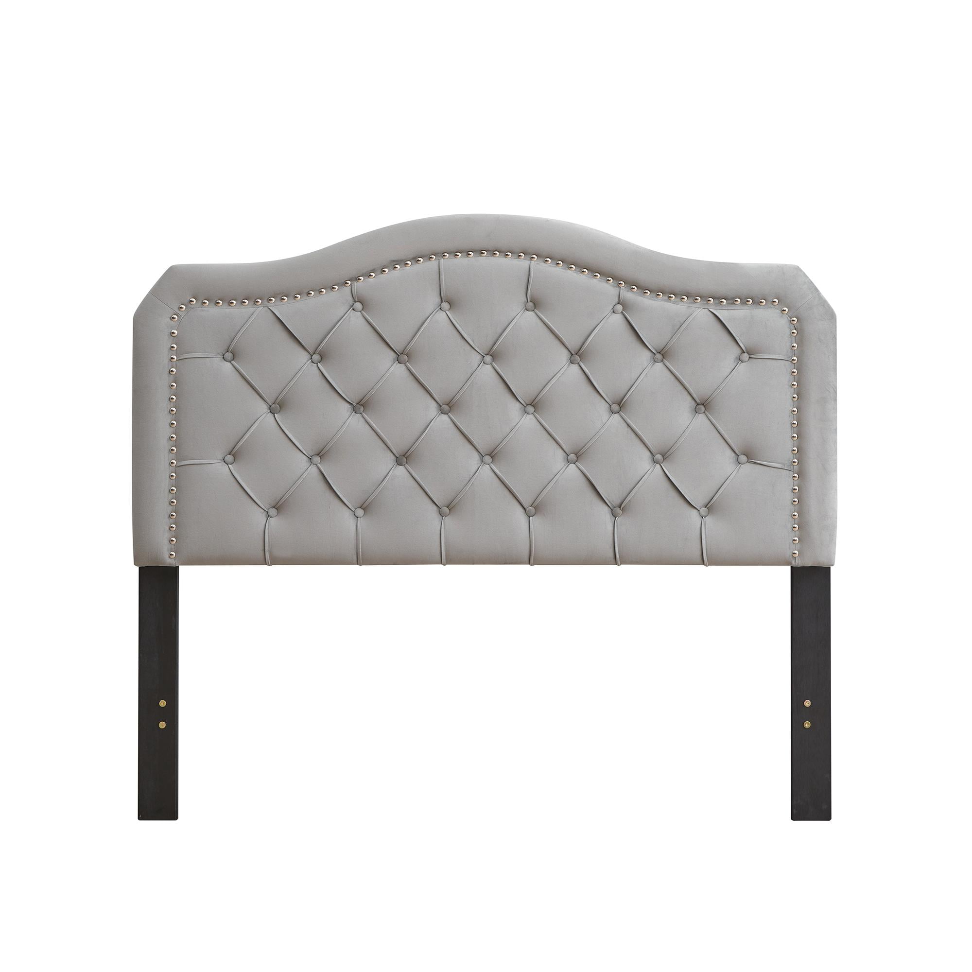 ASINMAK Queen Size Velvet Platform Bed Frame, Curved Button Tufted Headboard with Nailhead Trim, Wood Slat Support, Gray