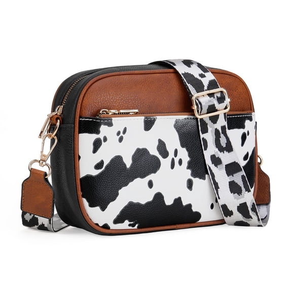 FALAN MULE Women's Leather Crossbody Bag, Cow Print Cell Phone Purse, Triple Zip Pocket, Adjustable Shoulder Strap