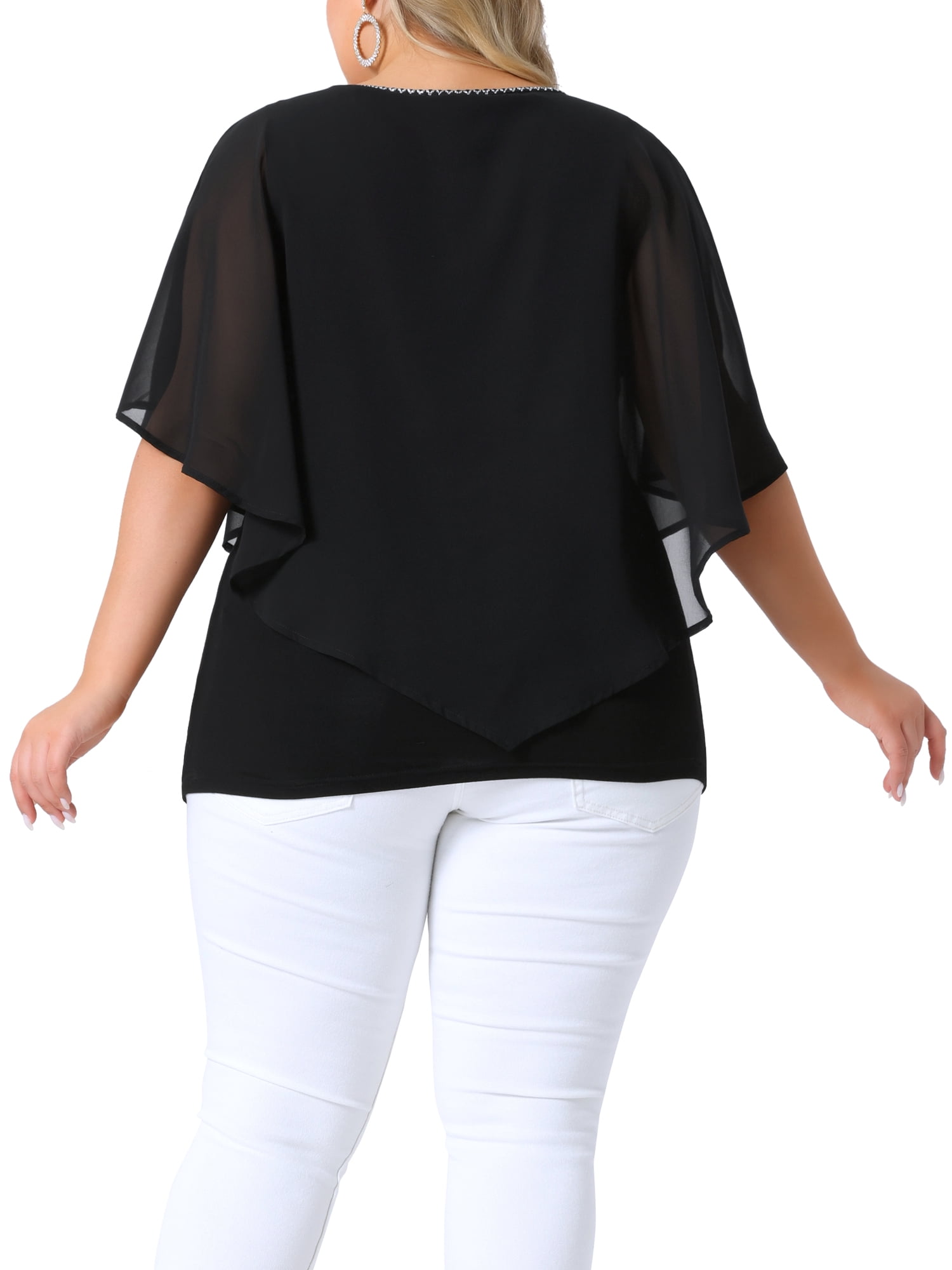 DARING DIVA Women's Plus Keyhole Round Neck Cape Sleeve Chiffon Blouse 3X Black