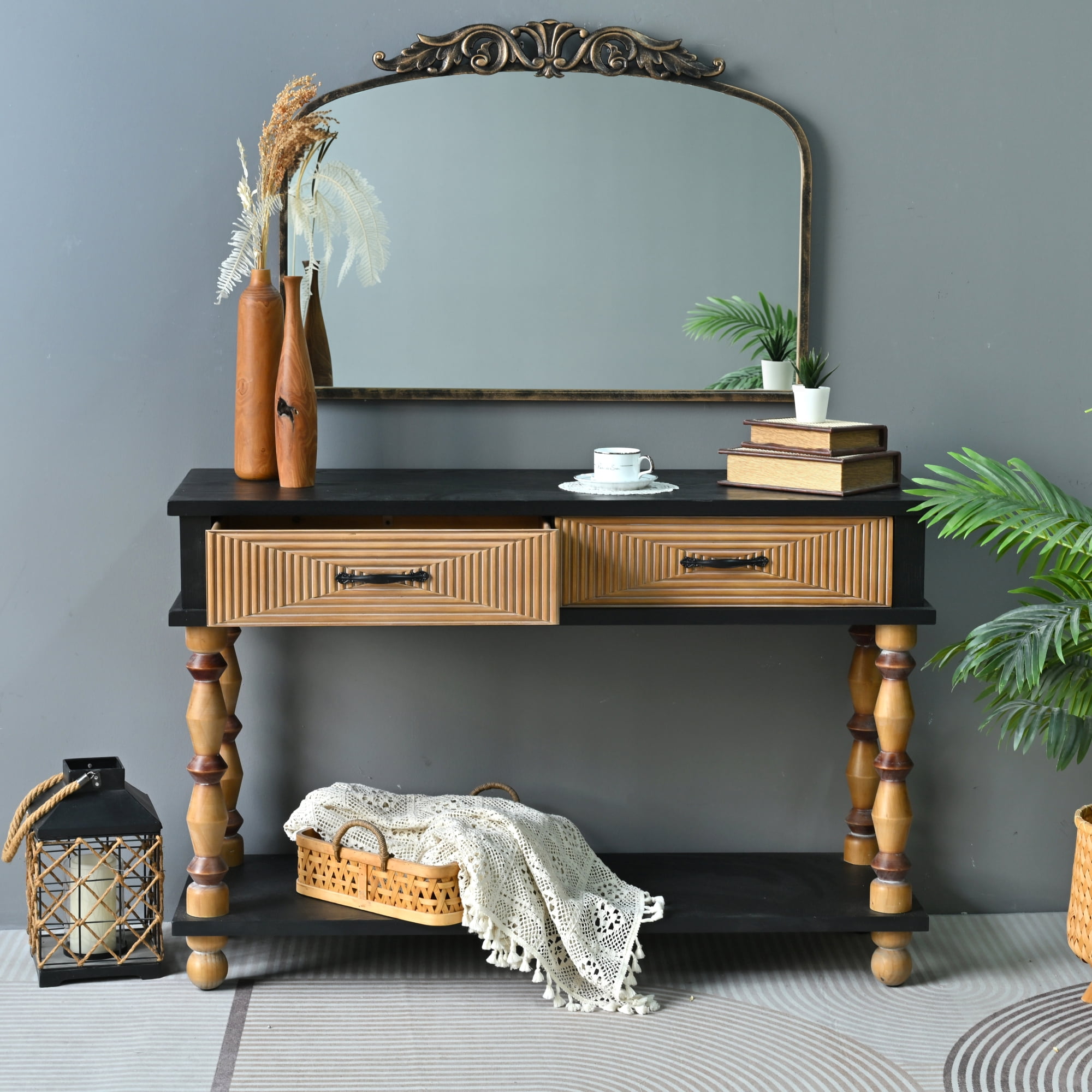 Leumius 47.64" Accent Rustic Carved Table, Rectangle Solid Wooden Console Table with Open Shelf and 2 Drawers for Kitchen, Dining Room, Living Room