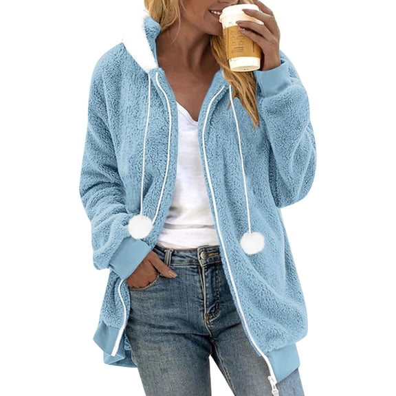Admvng Womens Hooded Jacket with White Fleece Lined Hood & Side Pockets Full Zip Fluffy Fuzzy Teddy Drawstring Sherpa Coat