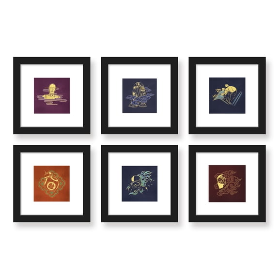 Gallery Pops Star Wars: Saga - Asian Art Wall Art Bundle (6-Pack), Black Framed Version, 12" x 12"