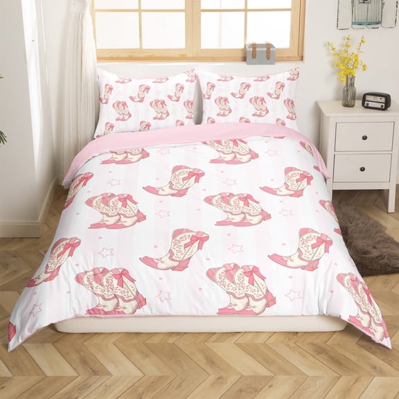 Erosebridal Pink Boots Comforter Cover Twin,Geometric Stripes Bedding Twin Size,Western Cowgirl Duvet Cover Twin,Breathable Kawaii Bedroom Decoration,Reversible,2-Piece(No Comforter)