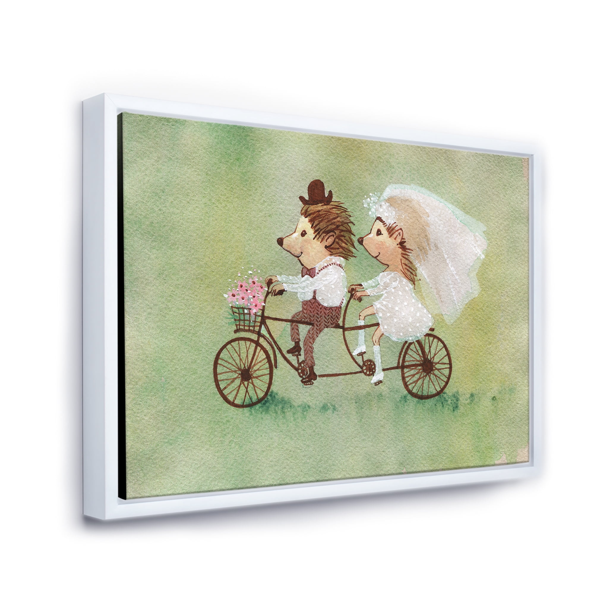 Designart 'Wedding Couple of Hedgehogs Riding A Bike' Traditional Framed Canvas Wall Art Print