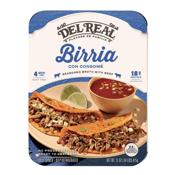 Del Real Foods Slow Cooked Beef Birria with Seasoned Broth, Fully Cooked Packaged Meal, 15 oz