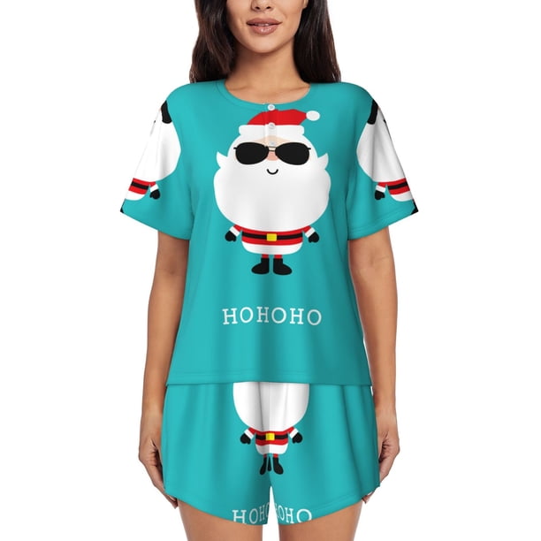Fotbe Cute Santa Claus Conjunto de Pijama Estampado para Mujer, 2 Piezas, Ropa de Dormir con Camiseta de Manga Corta y Shorts Suaves-Medium