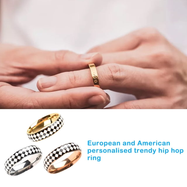 Langgg Checkerboard Pattern Ring Stylish Female Jewelry Simple Colors Geometric Fingers Rings Fashion Accessory Festival Gift Golden Size 7 Steel Size 8