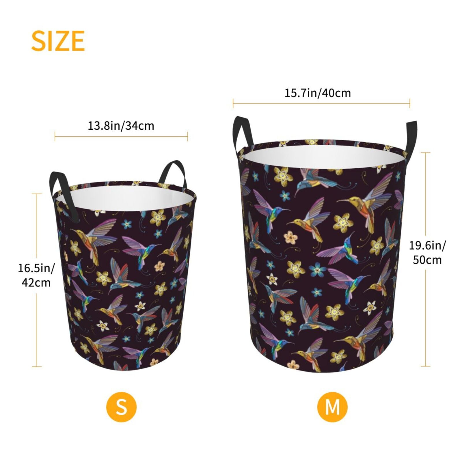 Large Laundry Basket with Handles - Floral Hummingbird Print Black Kids Baby Dirty Clothes Laundry Hamper for Bedroom Aesthetic