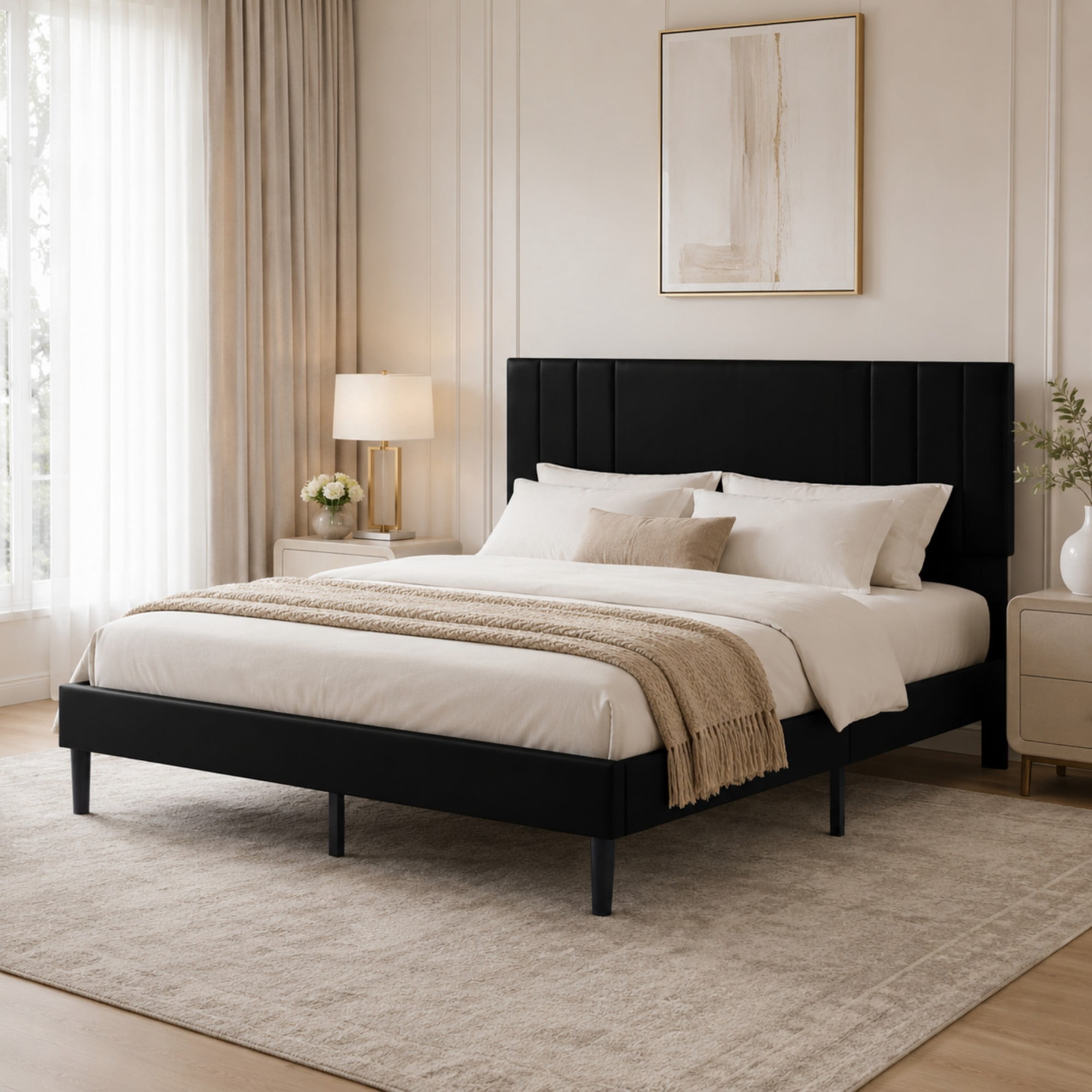 BSHTI Queen Size Faux Leather Upholstered Platform Bed Frame with Adjustable Headboard, Wood Slats, No Box Spring Needed for Bedroom（Black）