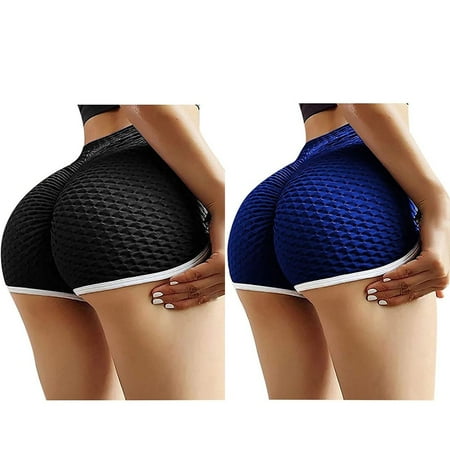 LEEYNEER RHWHOGLL High Waisted Yoga Shorts for Women Workout Shorts High Waist Butt Lifting Sports Leggings Hot Pants Running Shorts Wrinkled Hip Stretch Biker Shorts - 2 Packs Black