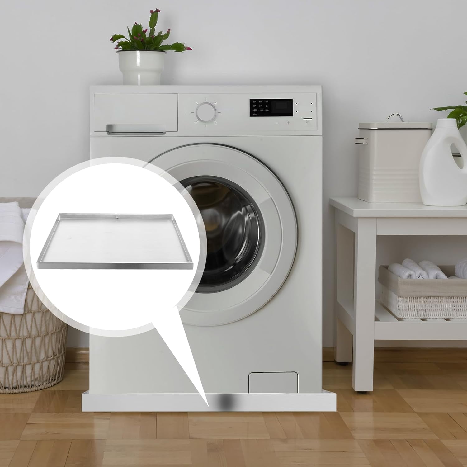Miumaeov 30*30*1.5in Washing Drain Pan, Heavy Duty 304 Stainless Steel Washing Machine Tray Washing Machine Pan with Drain Hole&Hose Adapter, for Most Models Of Washers & Appliances.
