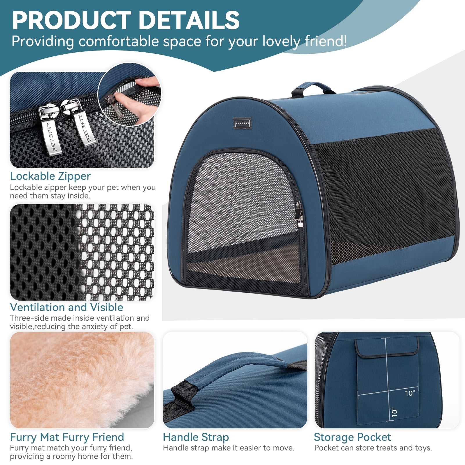 PETSFIT Soft Sided Dog Crate, Travel Dog Crate - 19 Inch Lightweight, Roomy, Easy to Set Up, Portable Pop Up Dog Carrier with Thick Mat, Sturdy Portable Dog Crate，Navy Blue，Small