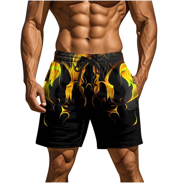 Beach Shorts for Men, Fast-Drying Polyester Swim Trunks with Flame Print, Lightweight Summer Casual Wear, Elastic Waistband, Side Pockets, UPF Protection