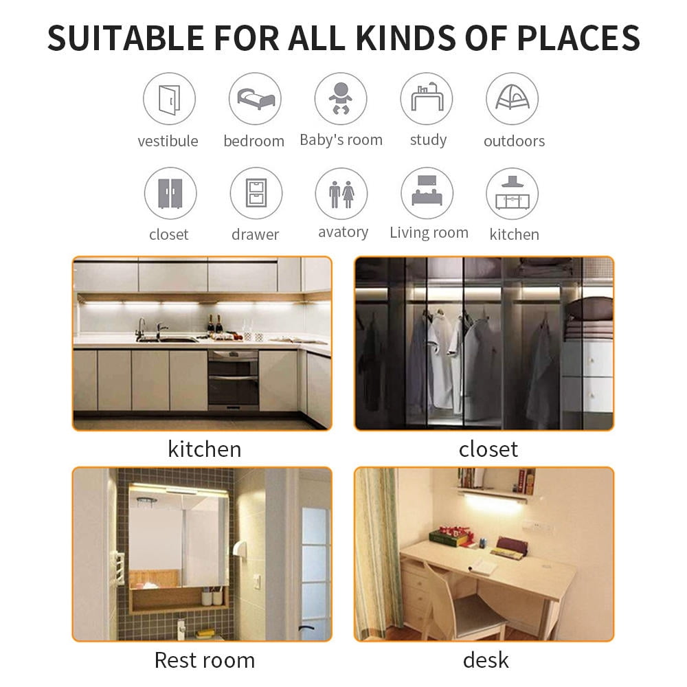 Suodoka 3-Pack Wireless Motion Sensor LED Strip Lights, 10 LEDs, Magnetic Adhesive, 3-5m Range, IP65 Waterproof, Battery Operated, Ideal for Cabinets