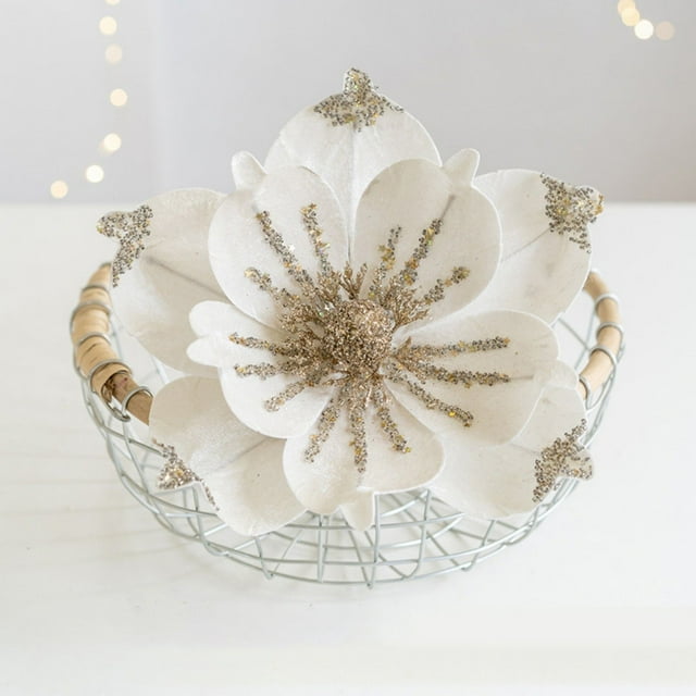 Adornos Navideños Con Flores De Magnolia Artificiales Tela Con Lentejuelas Brillantes ¡Elegantes Motivos Florales Para Ramos Y Decoración De Eventos!