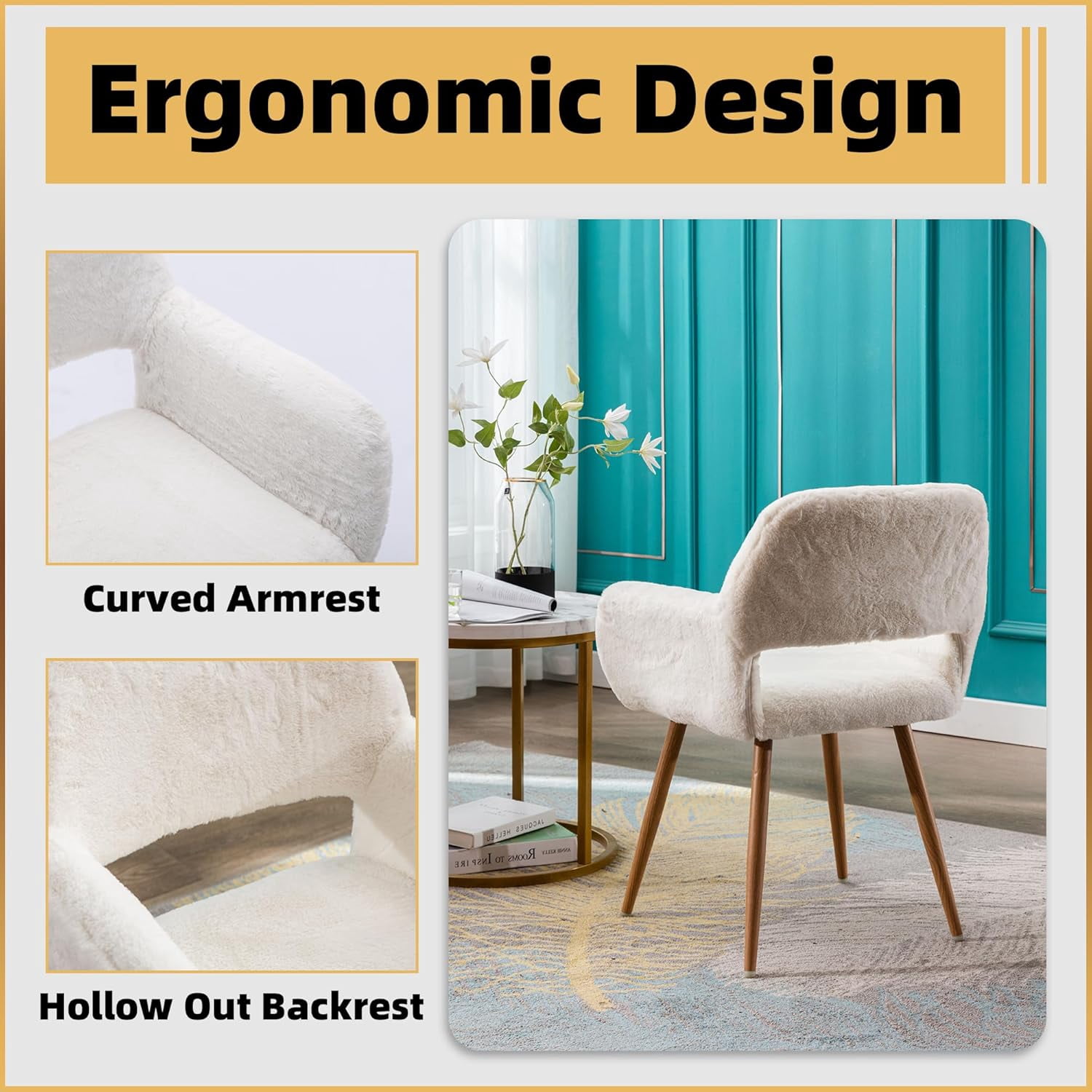 CRXX Desk Chair, Modern Home Office Chair Without Wheels, Faux Fur Vanity Chair with Hollow Backrest, Comfy Armchair Wood Frame with Strudy Metal Legs, White
