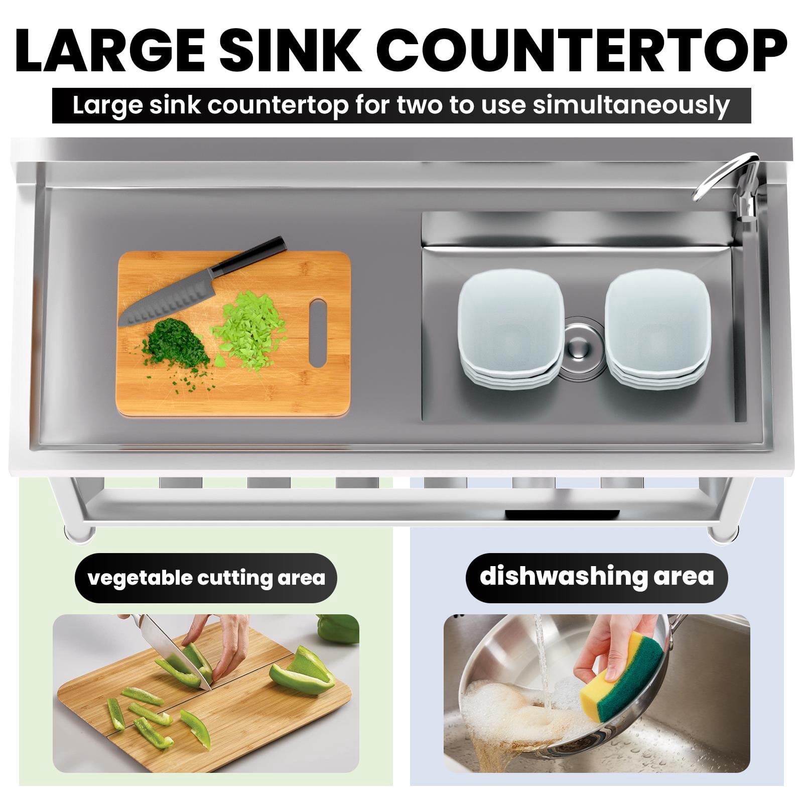 47In Stainless Steel Utility Sink,Free Standing Utility Sink With Faucet And Drawer Storage,1.2mm Thick 201 Stainless Steel,Stainless Steel Commercial Sink For Indoor Or Outdoor Use