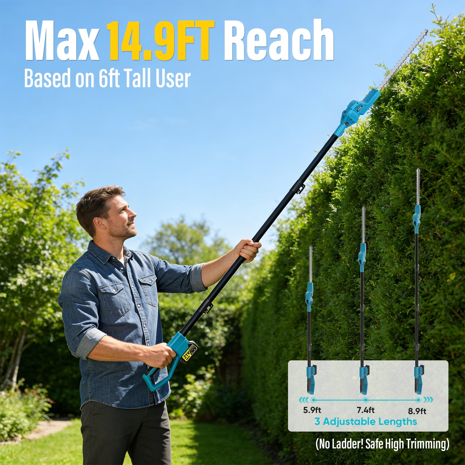 Gisam 21V MAX Brushless Pole Hedge Trimmer Cordless, 20.5" Dual-Action Blade, 180° Adjustable Head Electric Bush Trimmer, 2×4000mAh Batteries, up to 14.9FT Reach Battery Powered Hedge Trimmers for Sh
