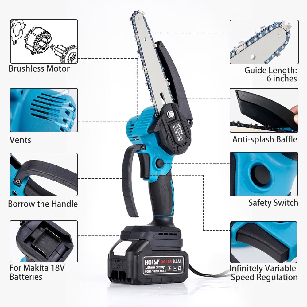 Hormy Mini Chainsaw Cordless 6 Inch with 2 Battery, Mini Power Chain Saw with Security Switch Handheld Small Chainsaw for Tree Trimming Wood Cutting