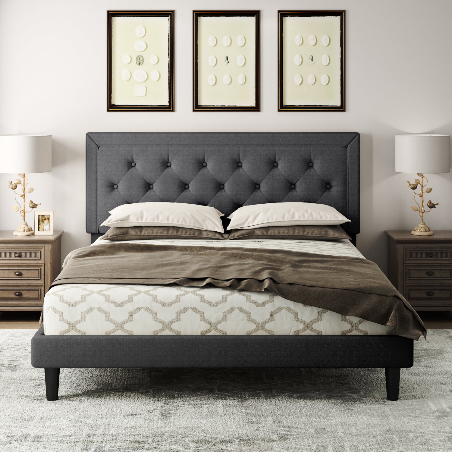 Platform Fabric Upholstered Bed Frame, Amolife King Size Platform Bed Frame With Headboard And 4 Storage Drawers