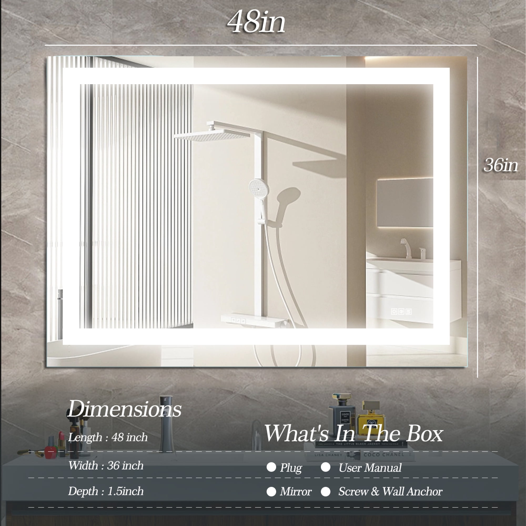 Jopath 48" x 36" Bathroom Mirror with Anti-Fog and Touch Sensor, Modern Frameless Lighted Wall Mirror for Bathroom Vanity, Shower Room, or Dressing Area