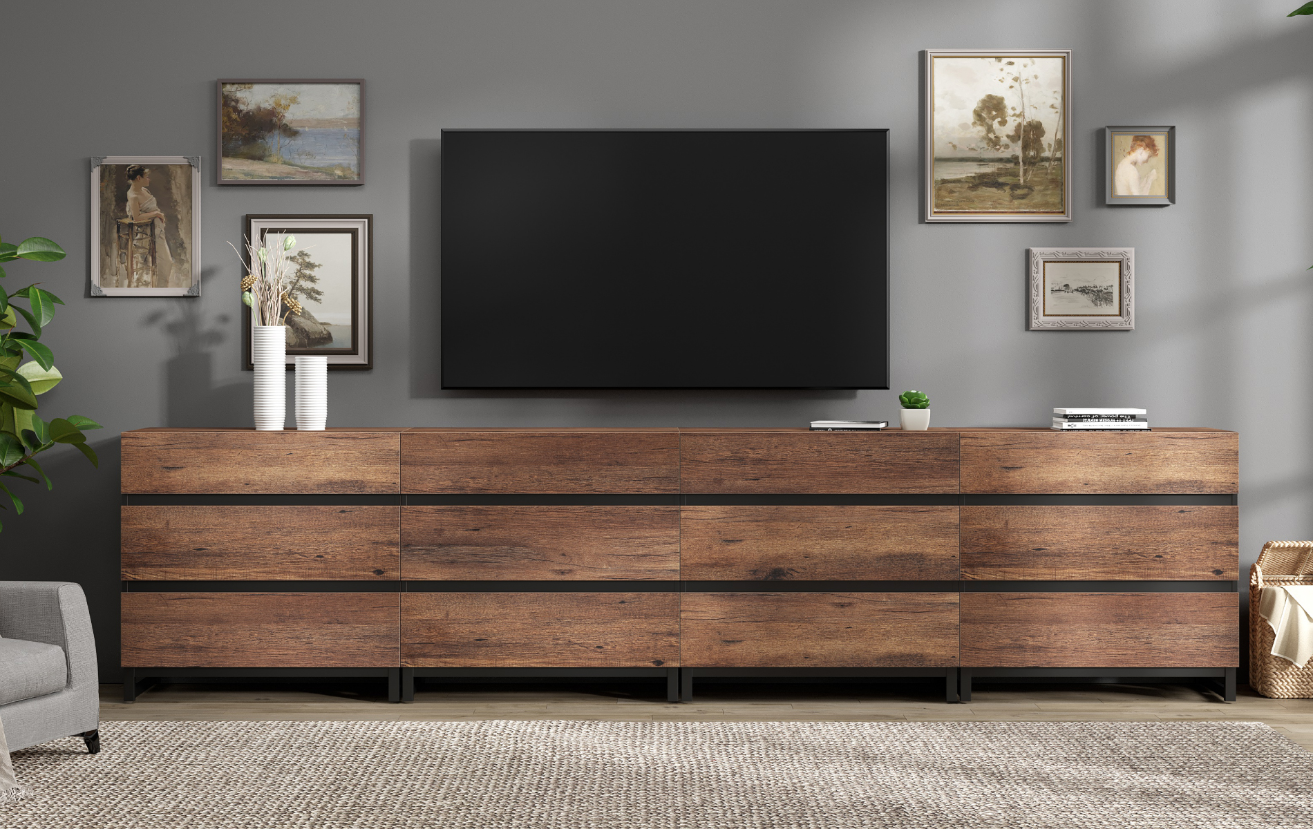 Modern TV Stand with 12 Drawers and Metal Base, Entertainment Center Media Console for Living Room Bedroom, Fits TVs up to 120 Inch, Brown