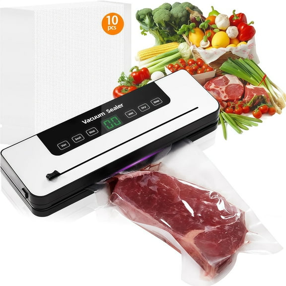 Food Vacuum Sealer Machine, 8-in-1 Multifunction, 10s Fast Sealing for Dry & Moist Food, Compact Design with Built-in Cutter & 10 Vacuum Bags,White