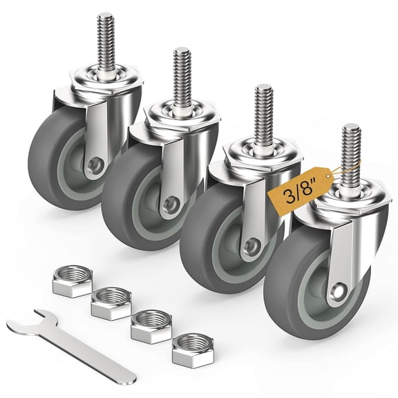 Caster Wheels 3 inch with No Brake Stem Casters, 3/8" -16 x 1-1/2" (Stem Diameter 3/8", Stem Length 1-1/2") Threaded Swivel Casters Set of 4 Heavy Duty Castors Grey