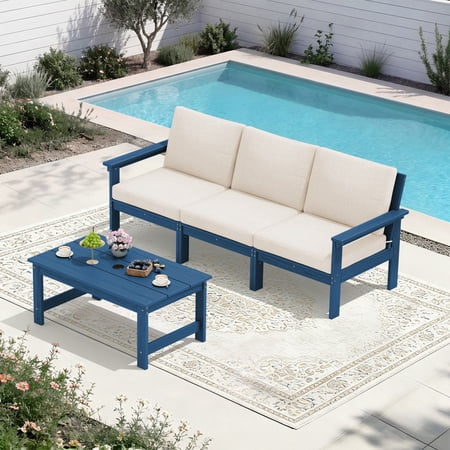 FUNDAZE Oversized HDPE Patio Furniture Sets 3-Seater with a coffee table Outdoor Conversation Set | For Patio Poolside Backyard Use Navy Frame with Khaki Cushion