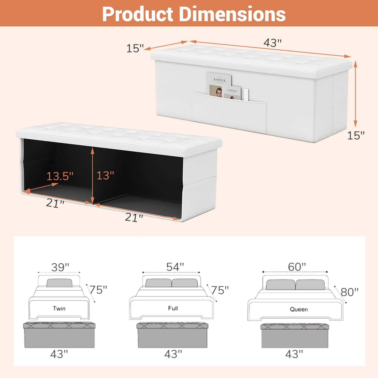 Costway 43 Inches Folding Storage Ottoman Bench Foot Rest Stool with Side Pocket White