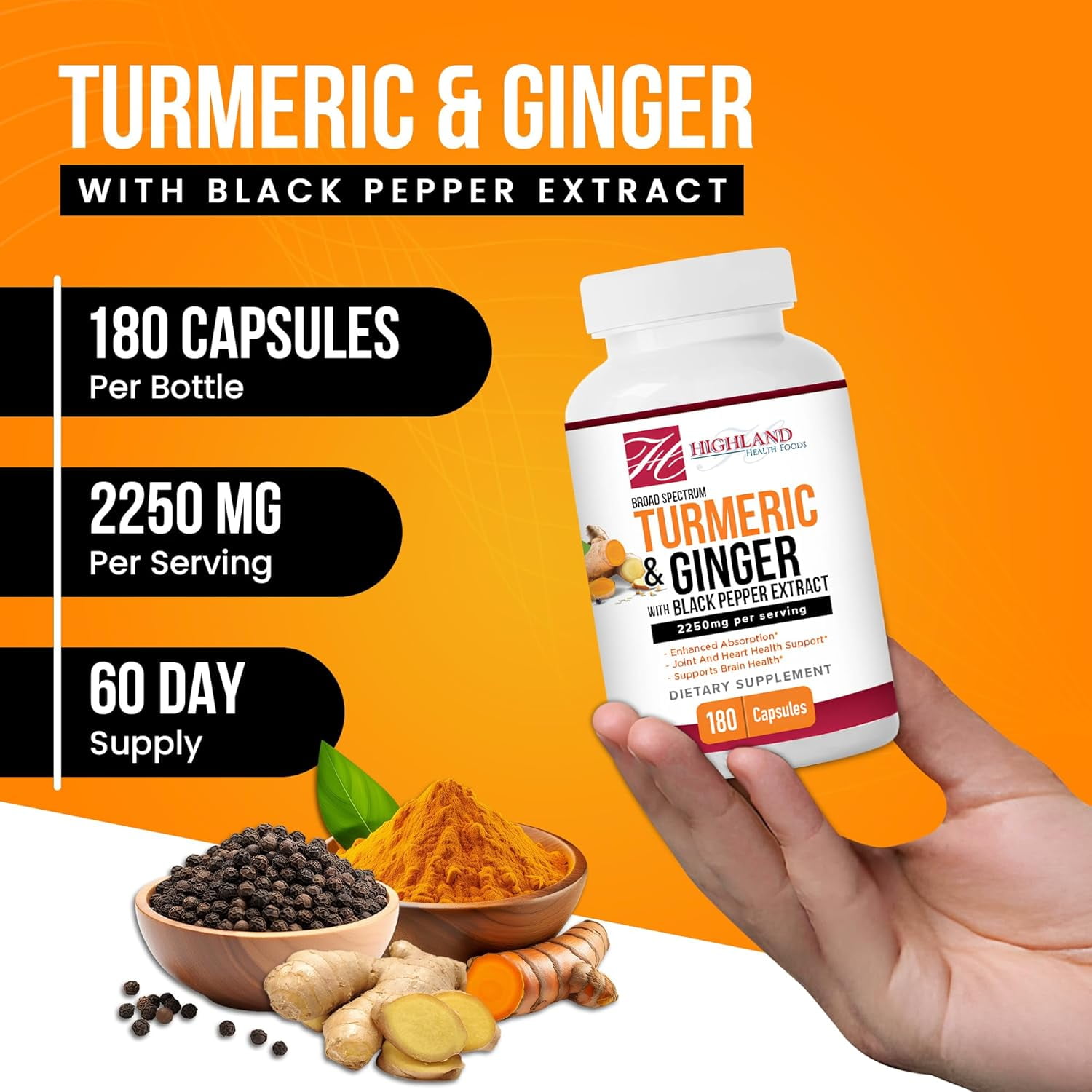 Highland Health Foods Turmeric 2250mg with Ginger Root & Black Pepper Extract 180 Capsules