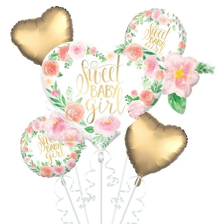 Party City Floral Sweet Baby Girl Balloon Bouquet, Party Supplies, 5 Count