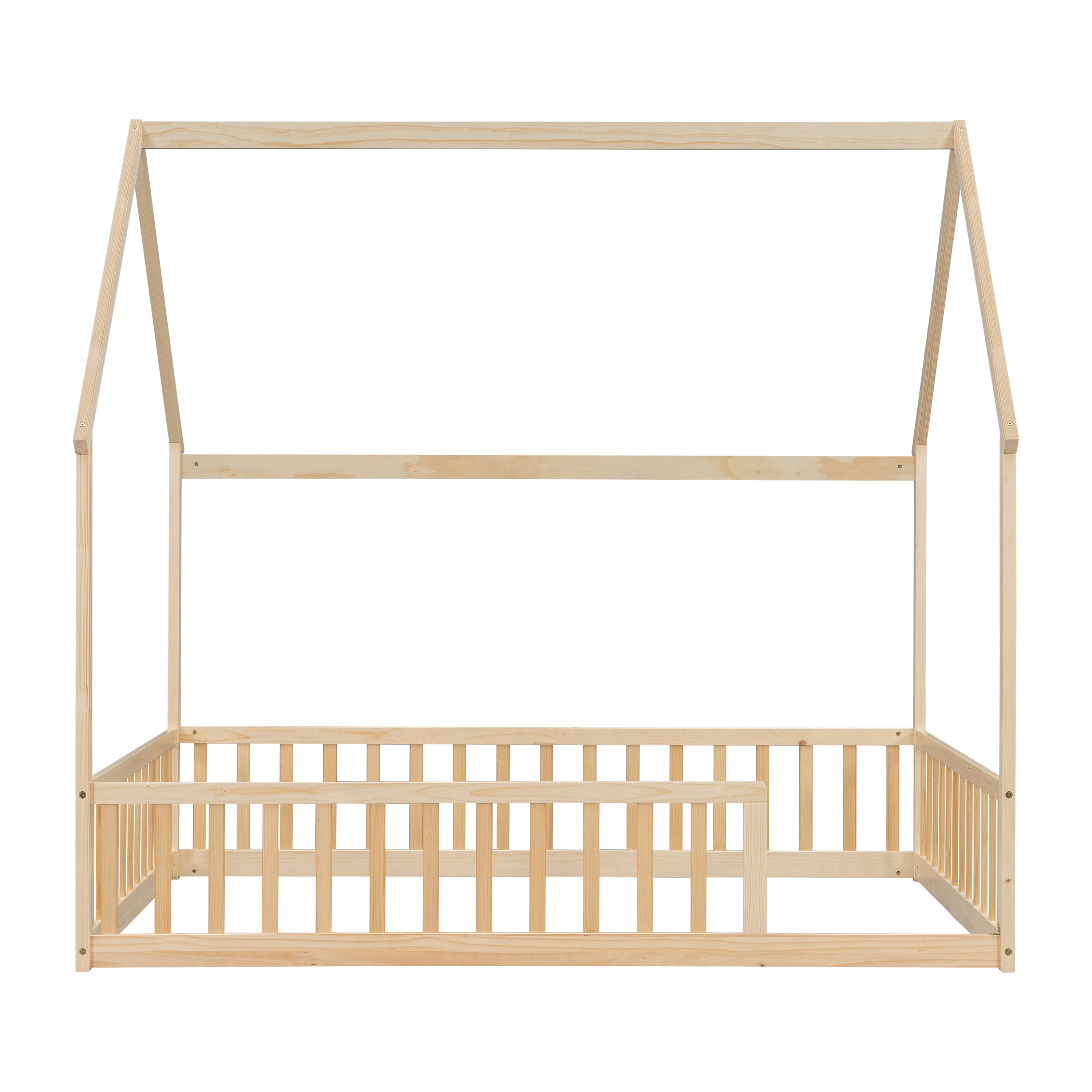 Mintazer Full Size House Toddler Floor Bed with Guardrails, Kids Montessori Low Bed with Roof Frame for Bedroom Playroom, Natural