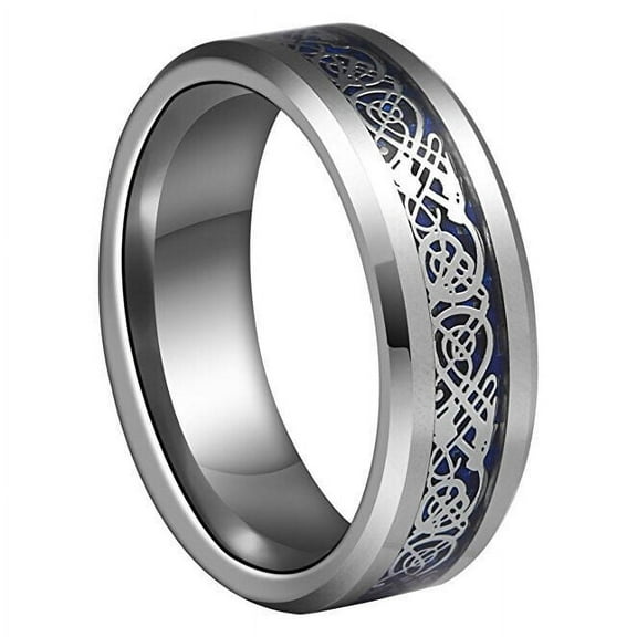 Wedding Ring Men & Women 8mm Silver Celtic Tungsten Band Silver Blue Carbon