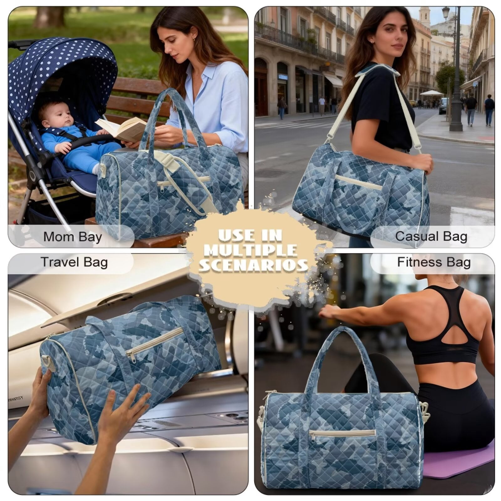 Garronmavis Large Blue Camo Quilted Duffle Bag for Women, Weekender Travel Carry On Bag with Zipper Pockets, Portable Gym Dance Overnight Tote Bag