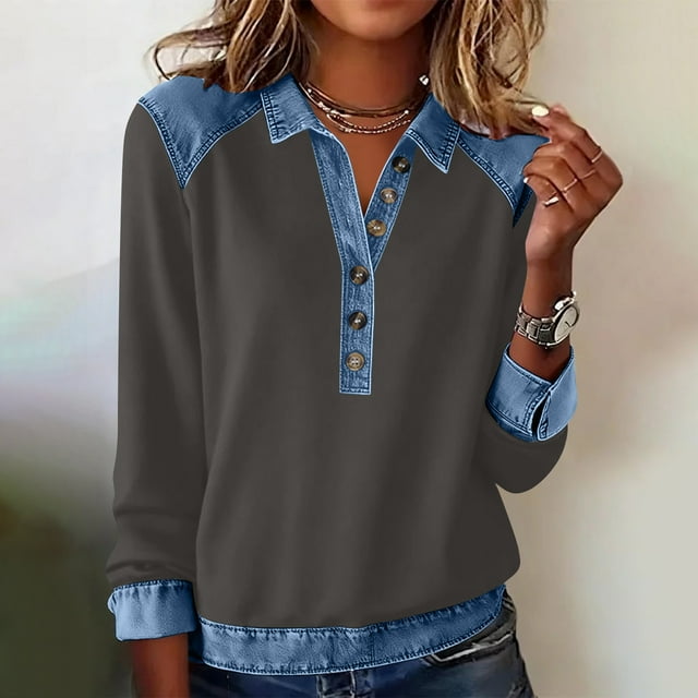 Nuoqisi Oversized Shirts for Womens Cozy Spring Summer Tops Tunic Collared Denim Polo Patchwork Pullover Long Sleeve Round Neck Sweatshirt
