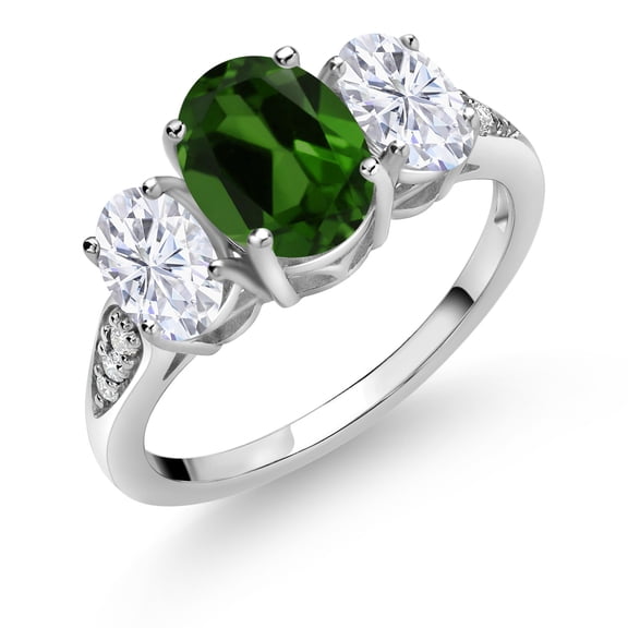 Gem Stone King 10K White Gold Green Chrome Diopside White Moissanite and White Lab Grown Diamond 3 Stone Engagement Ring for Women (2.24 Cttw, Gemstone Birthstone, Available in Size 5, 6, 7, 8, 9)