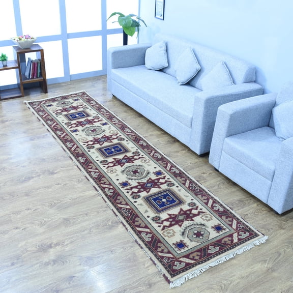 Rugsotic Carpets Hand Knotted Wool & Silk Eco-Friendly Oriental 2'6''x10' Area Rugs Runner Cream Burgundy Classic Traditional Design High Pile Indoor Handmade Rug for Living Room, Bedroom AF0102