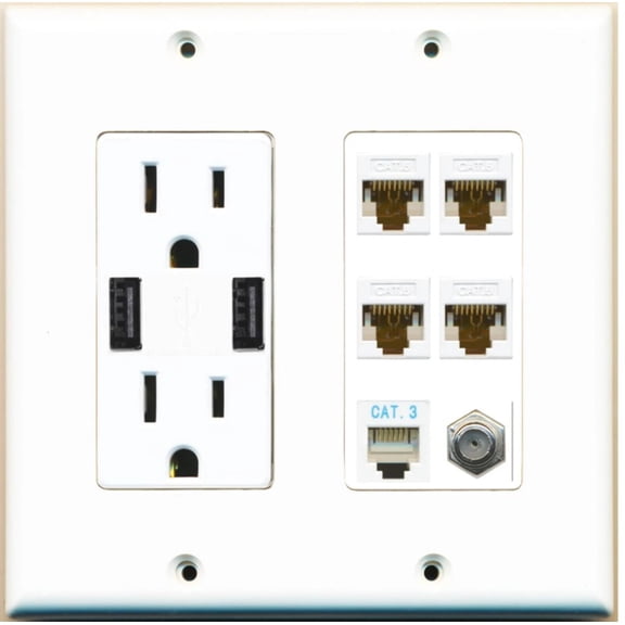 Ultra Spec Cables 4 Port Cat6 Ethernet Coax Phone Wall Plate w/2 USB Charger Power Outlet