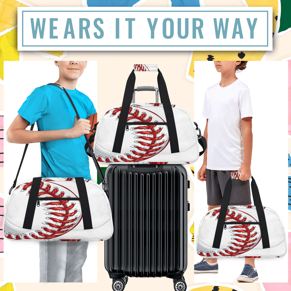 Herdesigns Baseball Sports Duffle Bag for Women & Men, Red Ball Sports Gym Bag Dance Bag Overnight Bag Carry On Weekender Travel Bag