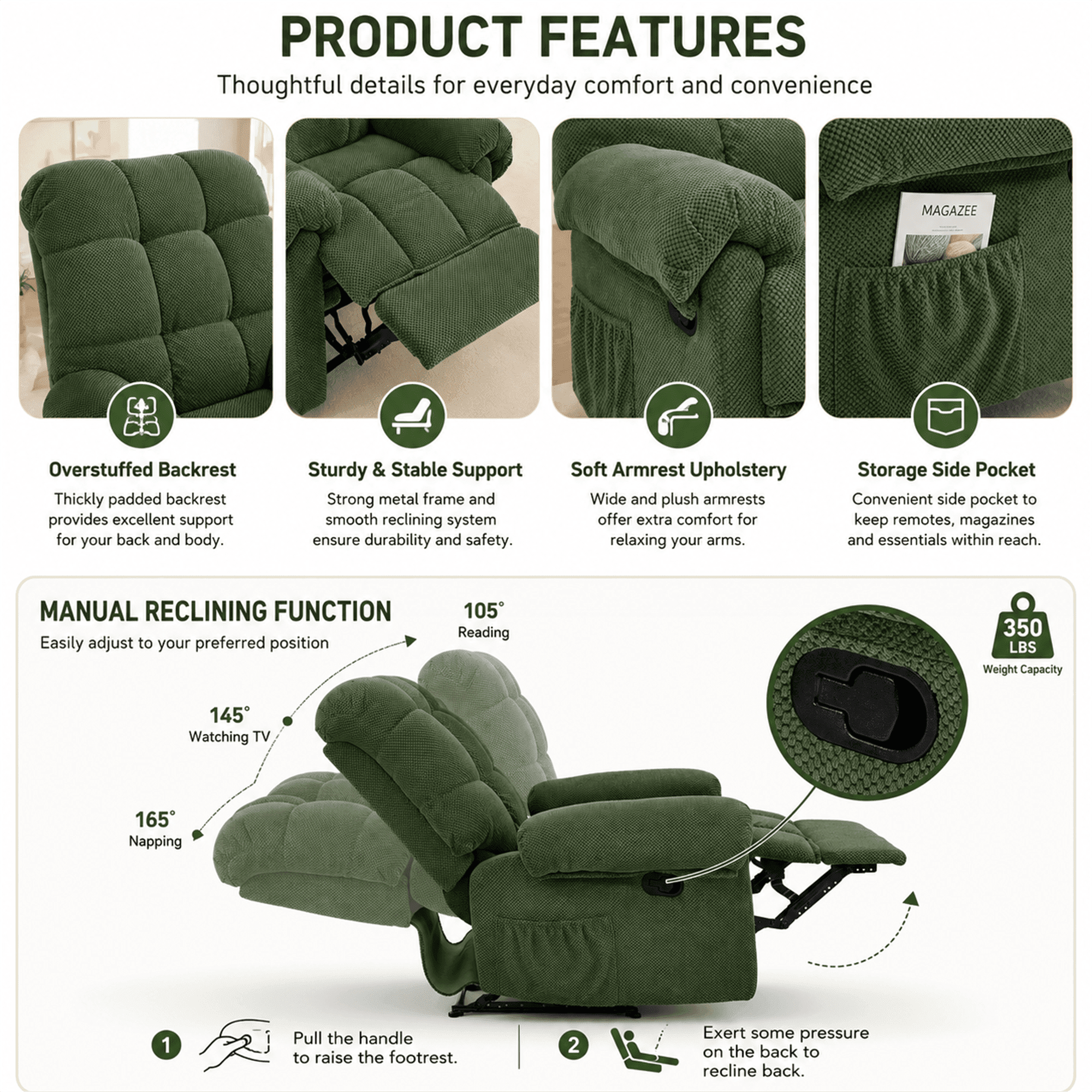 Homy Casa Overstuffed Manual Recliner Chair with Footrest, Fabric Lounge Chair for Nursery and Living Room