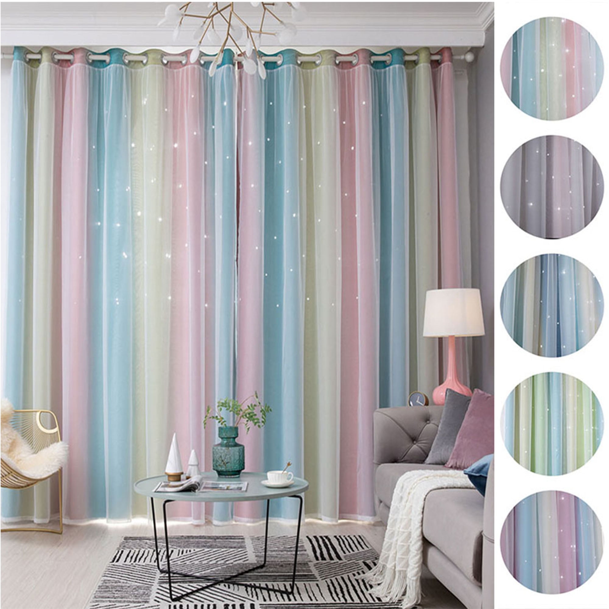 2-Layer Stars Tulle & Blackout Curtains Gradient Room Starry Girl Kids Bedroom 
